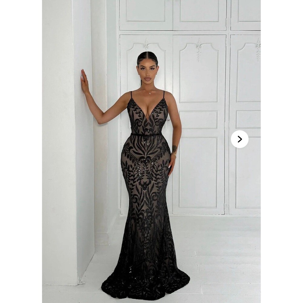 Fashion Nova Elsa Black Sequin Maxi Dress Sz XL Formal Gown